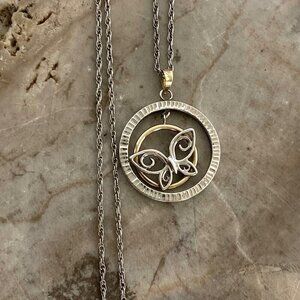 Sterling Silver 925 10K Yellow Gold Round Butterfly Pendant Necklace 18" Chain